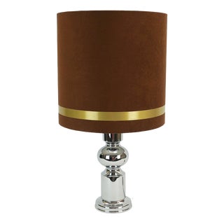 Large Table Lamp in Chrome Base and Brown Velvet Lampshade from Aro-Leuchten, 1970s For Sale