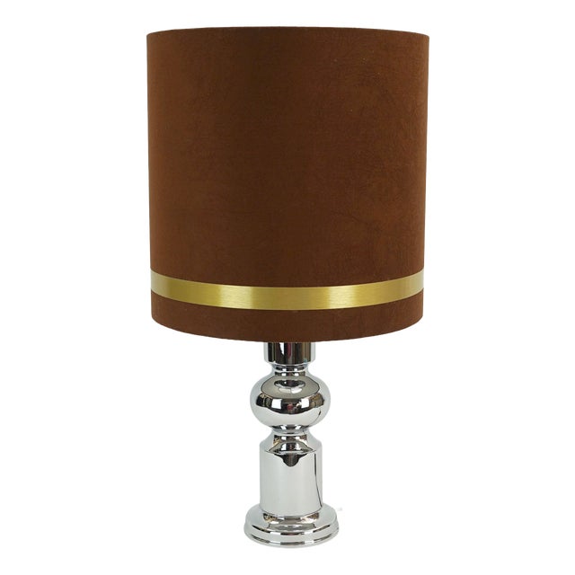 Large Table Lamp in Chrome Base and Brown Velvet Lampshade from Aro-Leuchten, 1970s For Sale