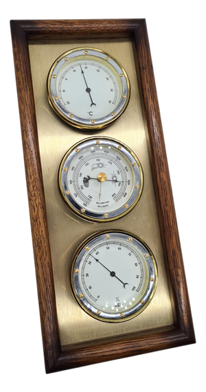 Weather Station with Three Analog Indicators in Brass and Wood, 1970s