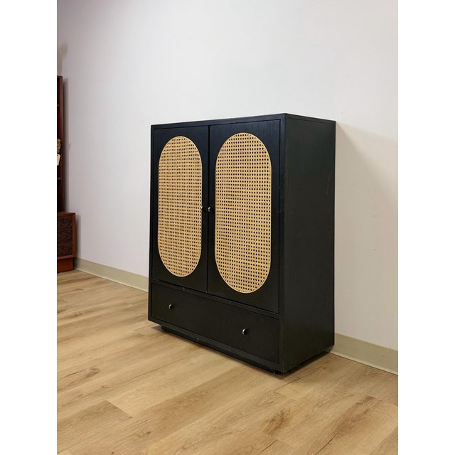 Modern Bobby Berk Modern Black Tallboy Cabinet, Beige Oval Cane Inlay MCM Style For Sale - Image 3 of 12