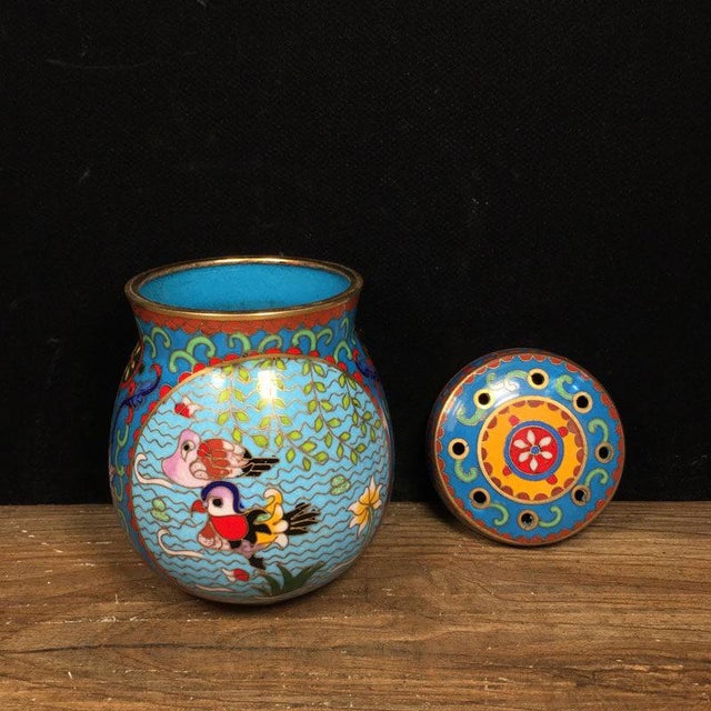Vintage Chinese Cloisonné Enamel Cricket Jar With Mandarin Ducks and Lotus Motif For Sale - Image 9 of 9