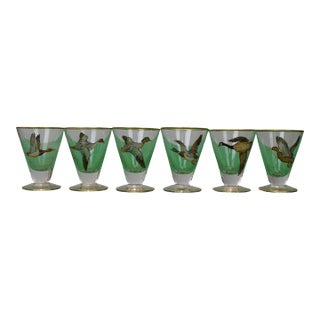 Set X 6 Cyril Gorainoff Sherry Glasses W/ Enamel Hand Painted Waterfowl Birds For Sale