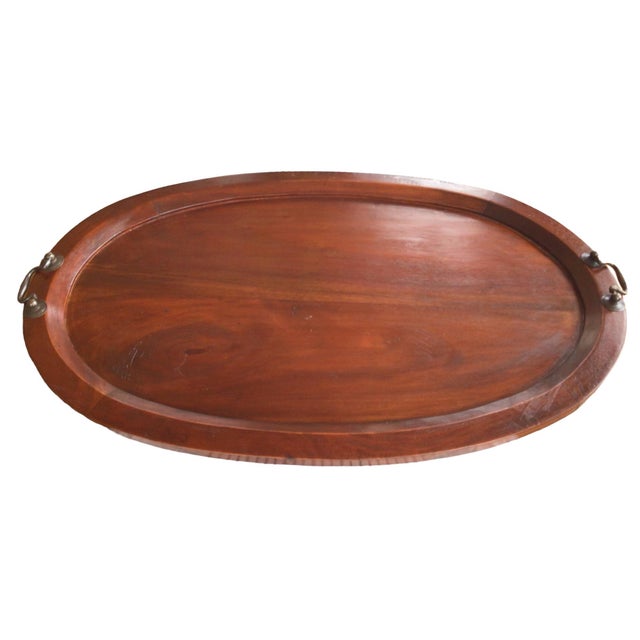 Brown Antique Oval Hand Carved Wood Mahogany Tray With Brass Handles For Sale - Image 8 of 8