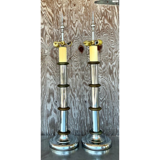 Vintage Boho Chrome and Brass Pillar - A Pair For Sale - Image 4 of 6