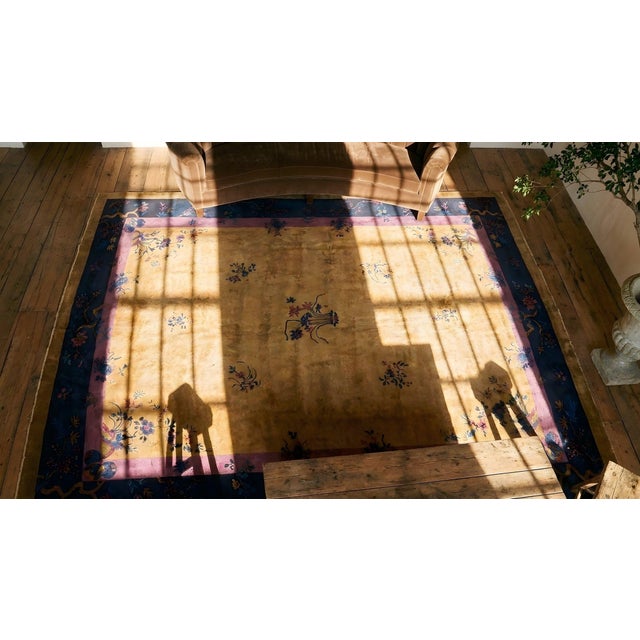 Beautiful Camel Background Color Allover-Floral Design Antique Chinese Art Deco Rug For Sale - Image 15 of 15