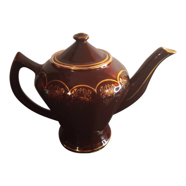 Vintage Hall Usa Teapot Albany 0227 Burgundy With Gold Trim For Sale