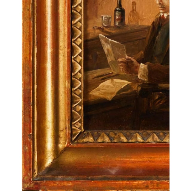 Boho Chic Soběslav Hippolyt Pinkas, Interior with Man Reading, Oil on Board, Framed For Sale - Image 3 of 7