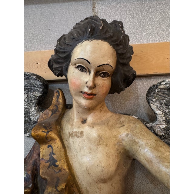 Antique Italian Carved Wood Angel, Original Paint, Circa 1880s For Sale - Image 6 of 17