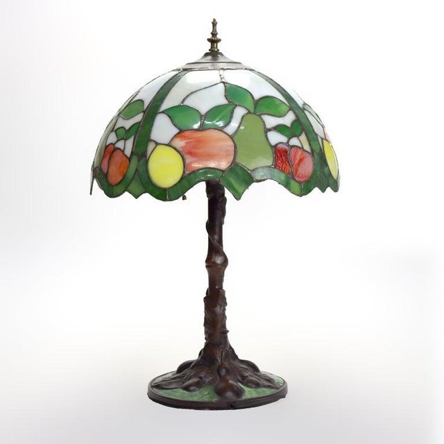 Arts & Crafts Leaded Stained Glass Table Lamp With Fruit Design, Early 20th Century For Sale - Image 9 of 10