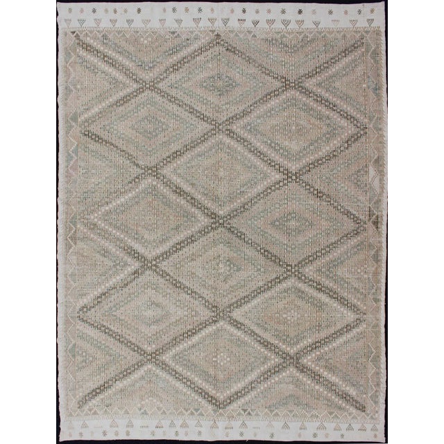Tan Green, Salmon Vintage Turkish Embroidered Rug With Geometric Diamond Design For Sale - Image 13 of 13