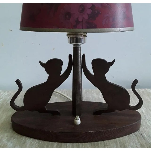 Table Lamp with Oval Teak Base, 2 Cats on Metal Scratching Post & Red Printed Oval Cardboard Shade, 1970s, in Good...