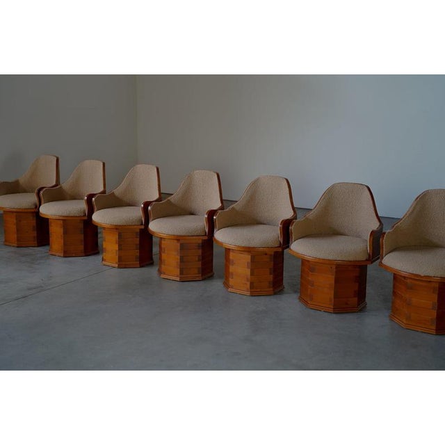 Pine dining chairs the chairs are in a very good condition with traces of usage normal to it´s age. Reupholstered in...