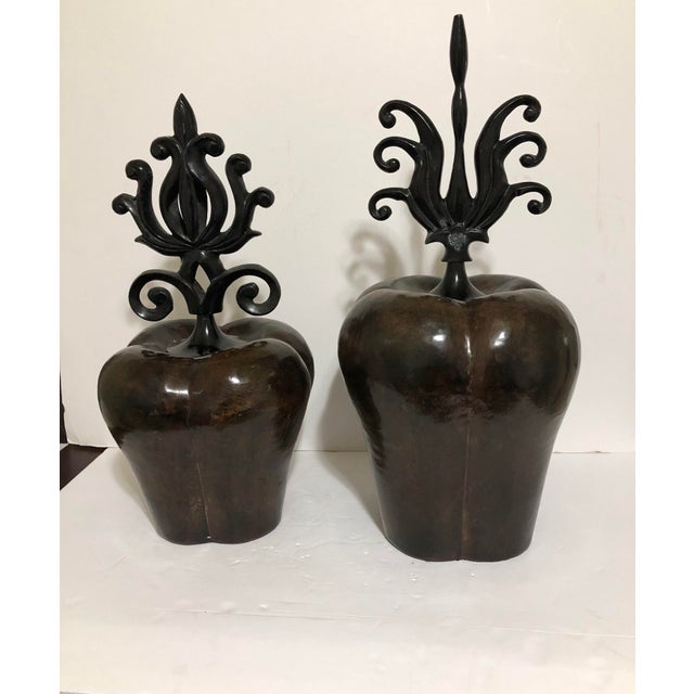 Brass 2005 Montaage of India Bronzed Brass Urns With Scrolled Lids - Set of 2 For Sale - Image 8 of 8