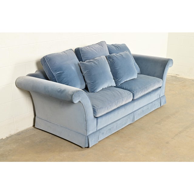 Baker Furniture Company Baker Furniture Blue Velvet Upholstered Roll Arm Sofa For Sale - Image 4 of 13
