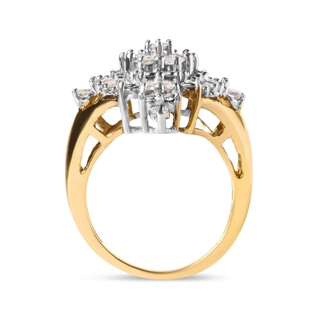10K Yellow Gold 1 Cttw Round and Baguette cut Diamond Cluster and Rhombus Halo Ring (H-I Color, I1-I2 Clarity) - Ring Size 7 For Sale - Image 4 of 6