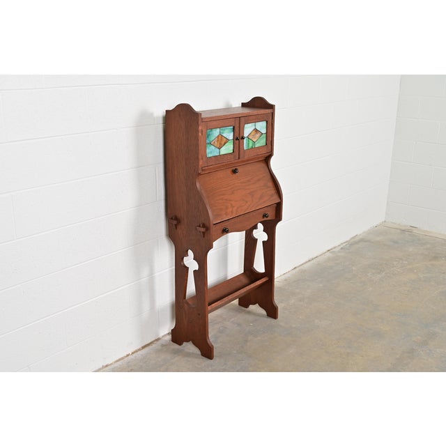 Stickley Brothers Style Antique Mission Oak Arts & Crafts Secretary Desk With Stained Glass Doors, Circa 1900 For Sale - Image 14 of 14