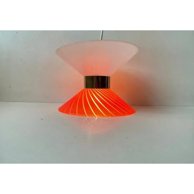Danish Modernist Diablo Red and White Glass Pendant Light with Brass Disc, 1970s For Sale - Image 4 of 7
