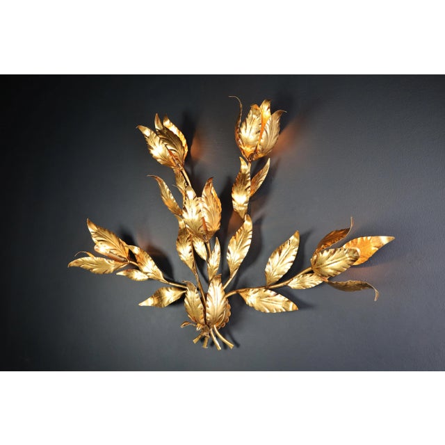 Vintage German Gilded Metal Floral Leaf Monumental Wall Sconce by Hans Kögl, 1970s For Sale - Image 6 of 11