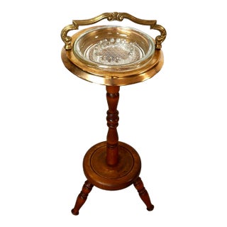 1950’s Antique Colonial Solid Maple Ashtray Stand With Crystal Ashtray For Sale