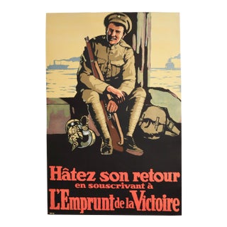 1918 Original French Canadian Wwi Victory Bond Poster, Hâtez Son Retour For Sale
