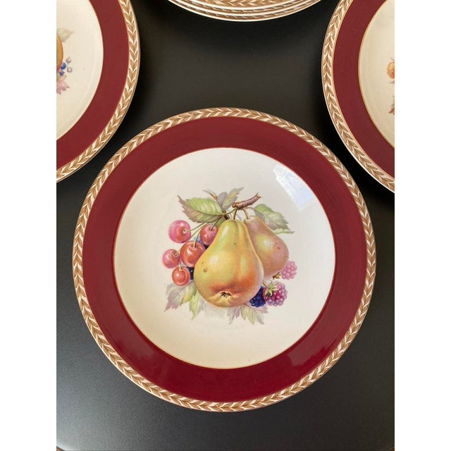 Illustration Early 20th Century Crown Ducal Red Burgundy and Gold Border Fruit Decorated Porcelain Plates- Set of 6 For Sale - Image 3 of 18