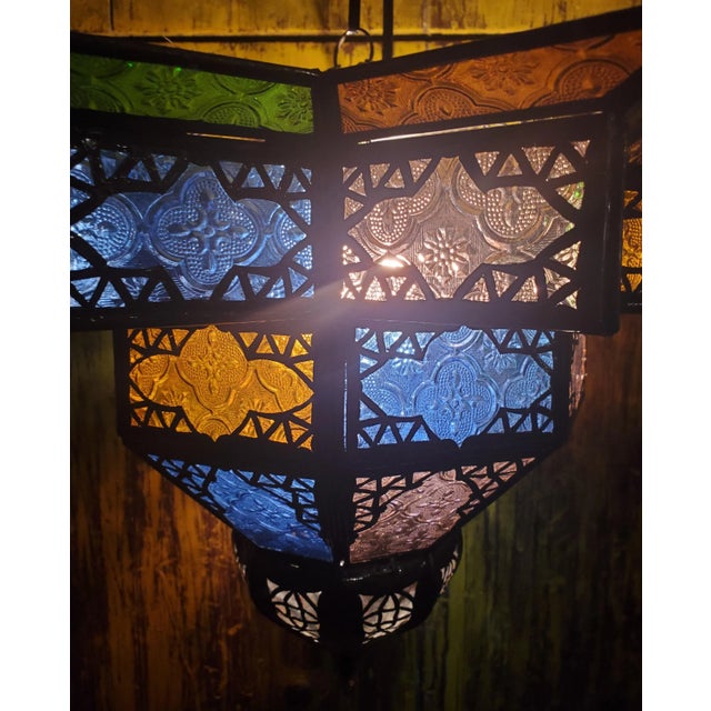 Moroccan Glass Nejma Style Multicolor Glass Lantern For Sale - Image 4 of 7