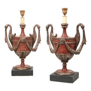 1990s Hendrix Allardyce Neoclassical Silver Giltwood & Red Painted Urn Form Table Lamps - a Pair For Sale