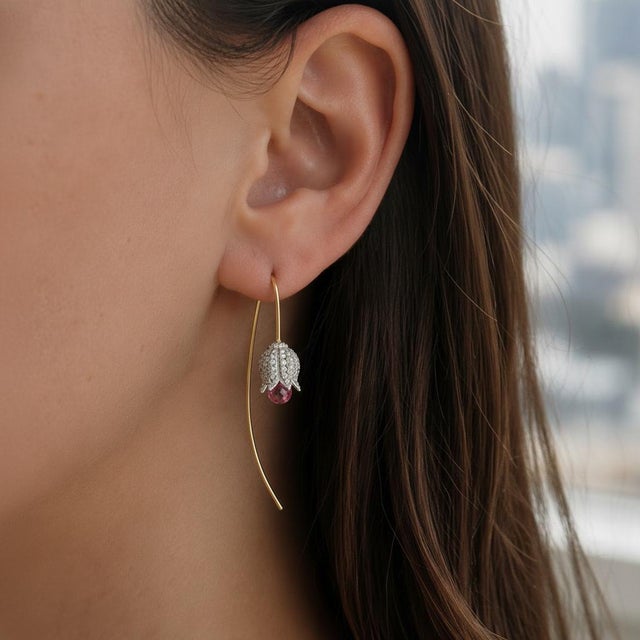 Silver, Gold Lily Flower Earrings With Pink Quartz Briolettes, Pair For Sale - Image 10 of 10