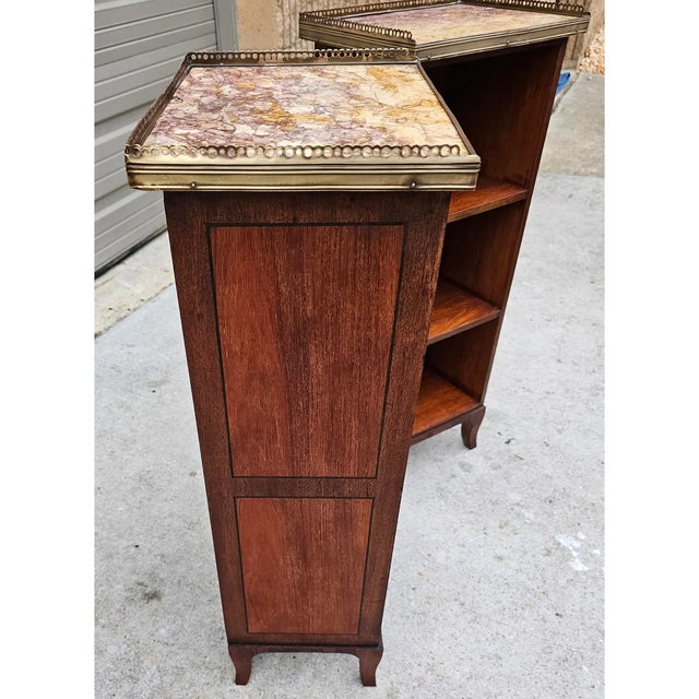 19th Century Pair of 19th Century Slender French Directoire Style Mahogany Marble Topped Diminutive Open Bookcases For Sale - Image 5 of 11