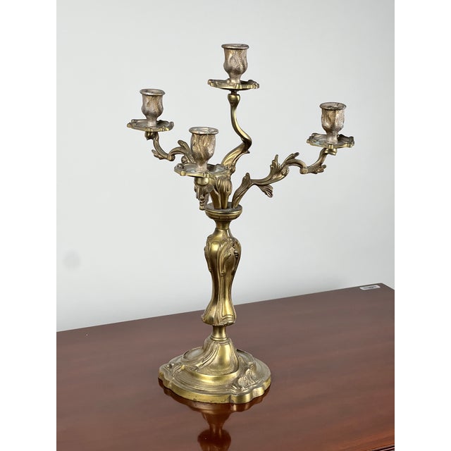 French Vintage Brass Louis XV Style Four Light Candelabra For Sale - Image 3 of 8