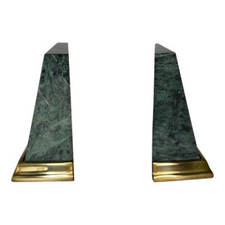 Art Deco Style Green Marble With Brass Base Obelisks Bookends- a Pair For Sale