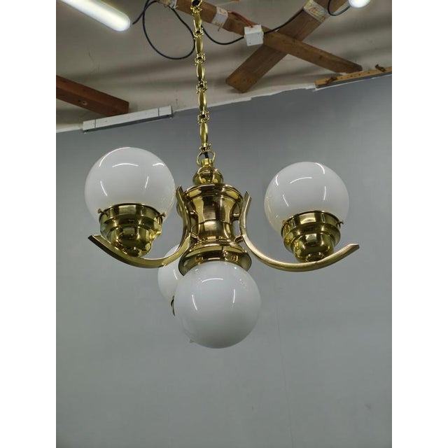 Art Deco Czech Brass Chandelier with Milk Glass Globes, 1930s For Sale - Image 12 of 13