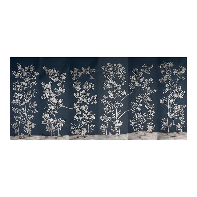 Hand-Painted Midnight Black Floral & Bird Wall Panels, Set of 6 For Sale