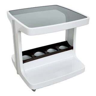 Vintage Rolling Bar Cart in White Plastic and Smoked Glass by Marc Held, 1970s For Sale