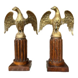 1940s Large Solid Gilded Brass Eagle Atop Hand Carved Fluted Wooden Ionic Column Sculpture Bookends - a Pair For Sale