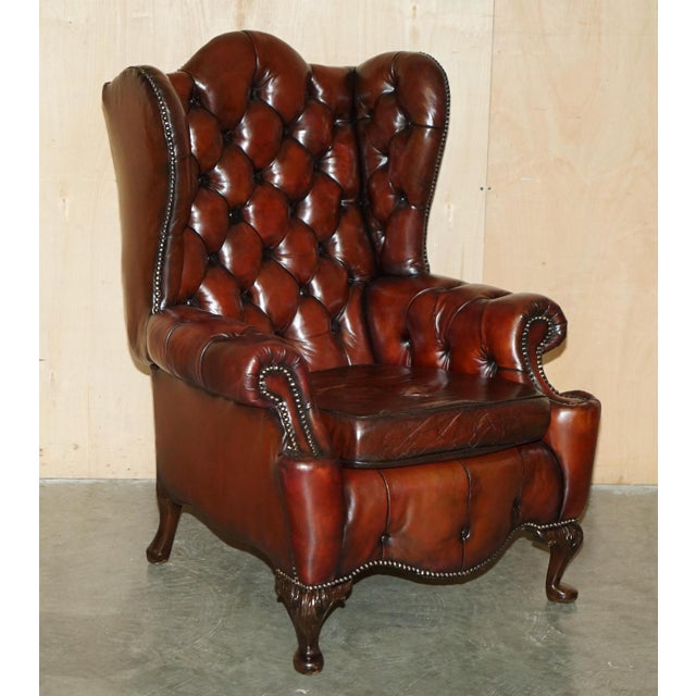 Vintage Chesterfield Wingback Armchairs and Footstools in Oxblood Leather, Set of 4 For Sale - Image 17 of 18