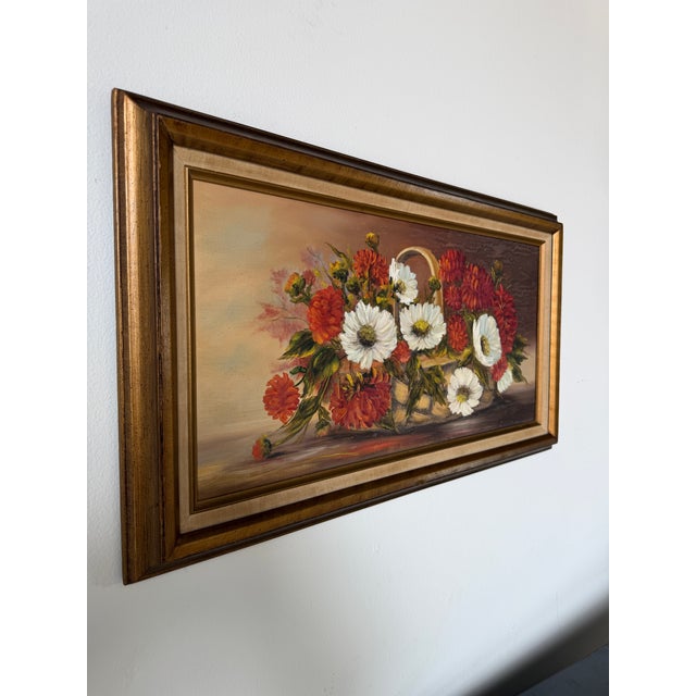 Beautiful 1970s vintage Impressionist-style still life oil painting featuring a lush arrangement of red and white flowers...