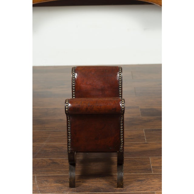 Petite English 1920s X-Form Leather Stool with Out-Scrolling Arms and Nailheads For Sale - Image 10 of 11