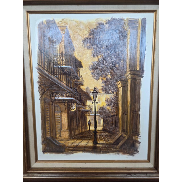 This vintage impasto oil painting captures the atmospheric charm of the New Orleans French Quarter, rendered in a warm,...