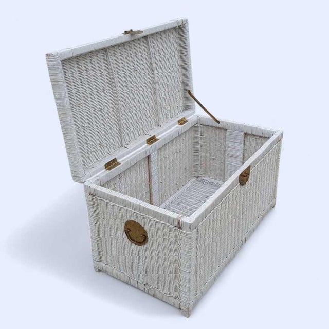 Vintage White Wicker Storage Trunk With Brass Hardware, Coastal, Rattan For Sale - Image 16 of 17