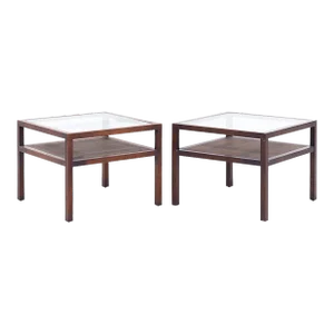 Founders Style Mid Century Oak, Cane and Glass End Tables - Pair