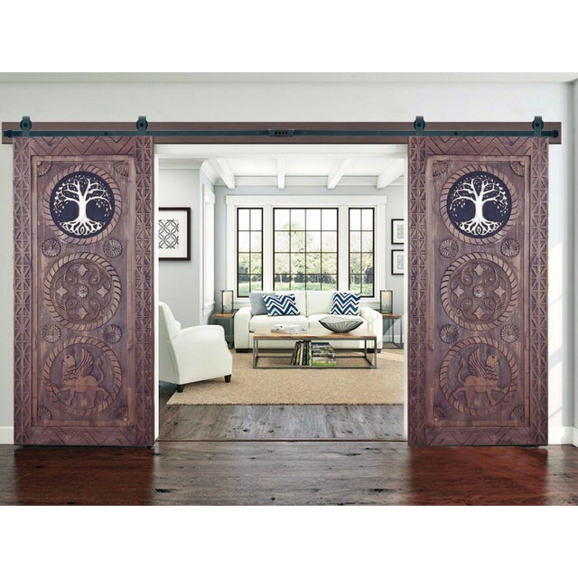 Not Yet Made - Made To Order Hand-Carved Solid Wood Barn Door With Tree of Life & Mythological Griffin Motifs – Artisan Entry Door For Sale - Image 5 of 8