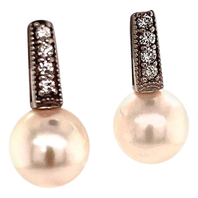 Diamond Akoya Pearl Earrings 14k White Gold Certified For Sale