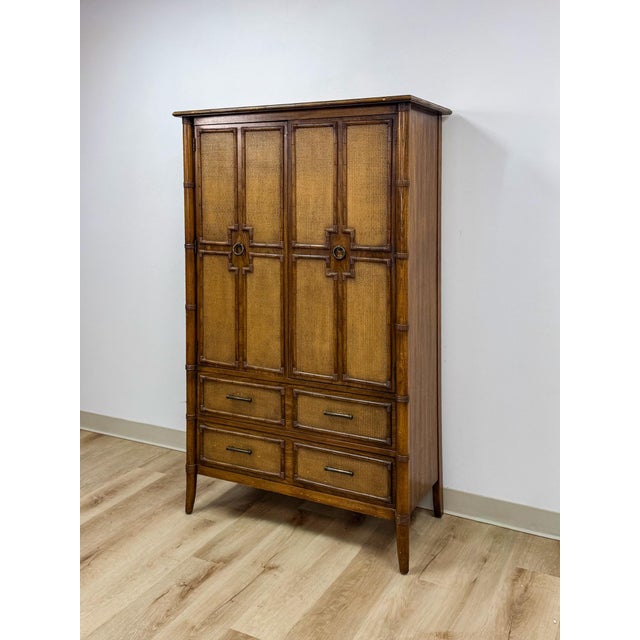 Contemporary Vintage Thomasville Pauletti Faux Bamboo Woven Armoire, Collectible Storage For Sale - Image 3 of 18
