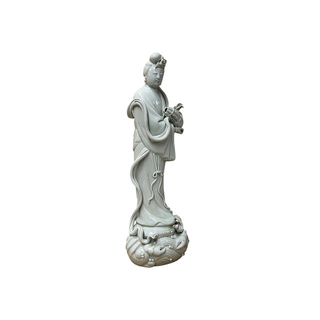 1990s Vintage Off White Porcelain Standing Bodhisattva GuanYin Music Vessel Statue For Sale - Image 5 of 7