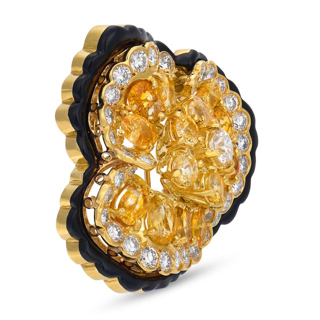 Mid 20th Century Mid 20th Century Lugano 11.10 Carat Diamond Yellow Sapphire 18k Yellow Gold Enamel Flower Brooch For Sale - Image 5 of 7
