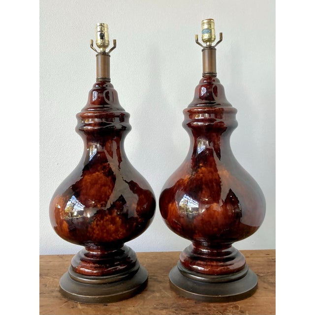 Late 20th Century Vintage Boho Chocolate Glazed Ceramic Lamps - A Pair For Sale - Image 5 of 12