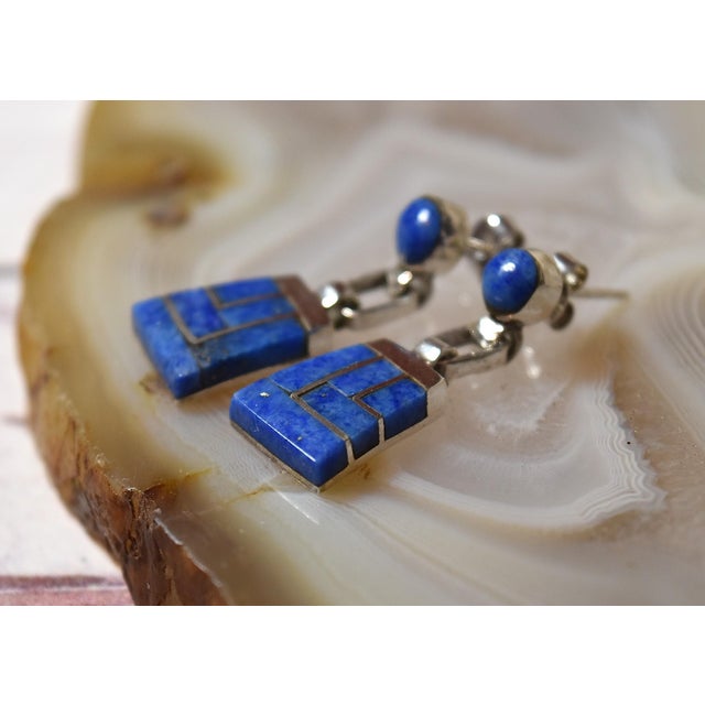Vintage Escorcia Sterling Silver Lapis Inlaid Dangle Post Earrings, A Pair For Sale - Image 4 of 17