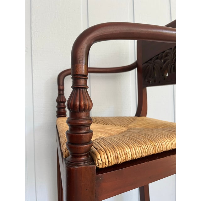 1990s Pair of Mahogany Counter Stools-Woven Rush Seat-Ornate Carving Back-High Quality Special Armchairs For Sale - Image 10 of 11