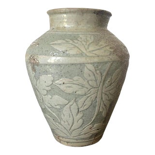 Antique Korean Buncheong Incised Design Ceramic Vase For Sale